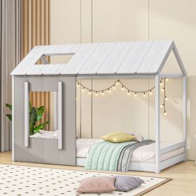 Twin Size House Platform with Roof and Window, White+Antique Grey(Old SKU: WF294130AAE)