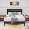 Queen Size Bedframe with LED Bedside Induction Light, Wrapped in Linen, Bedside Atmosphere Light, Anti Slip and Noise Free, Easy to Assemble, Dark Blu