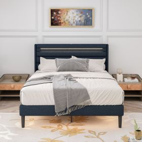 Queen Size Bedframe with LED Bedside Induction Light, Wrapped in Linen, Bedside Atmosphere Light, Anti Slip and Noise Free, Easy to Assemble, Dark Blu