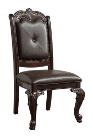 Beautiful Hand Carved Formal Traditional Dining Side Chair with Faux Leather Upholstered Padded Seat and Back Button Tufting Detail Dining Room Solid
