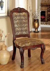 Formal Traditional Cherry Set of 2pc Side Chairs Dining Room Brown Damask Print Fabric Solid wood Dining Chair
