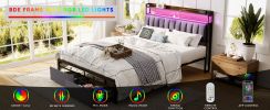 Full Bed Frames with Storage Headboard and Drawers, LED Platform Bed Frame Full Size, LED Upholstered Bed Frame with Charging Station, No Box Spring N