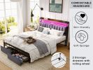 Full Bed Frames with Storage Headboard and Drawers, LED Platform Bed Frame Full Size, LED Upholstered Bed Frame with Charging Station, No Box Spring N