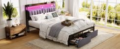Full Bed Frames with Storage Headboard and Drawers, LED Platform Bed Frame Full Size, LED Upholstered Bed Frame with Charging Station, No Box Spring N