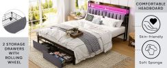 Full Bed Frames with Storage Headboard and Drawers, LED Platform Bed Frame Full Size, LED Upholstered Bed Frame with Charging Station, No Box Spring N