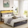 Full Bed Frames with Storage Headboard and Drawers, LED Platform Bed Frame Full Size, LED Upholstered Bed Frame with Charging Station, No Box Spring N