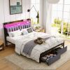 Full Bed Frames with Storage Headboard and Drawers, LED Platform Bed Frame Full Size, LED Upholstered Bed Frame with Charging Station, No Box Spring N