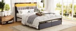 Full Bed Frames with Storage Headboard and Drawers, LED Platform Bed Frame Full Size, LED Upholstered Bed Frame with Charging Station, No Box Spring N