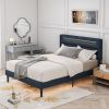 Queen Size Bedframe with LED Bedside Induction Light, Wrapped in Linen, Bedside Atmosphere Light, Anti Slip and Noise Free, Easy to Assemble, Dark Blu