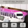 Full Bed Frames with Storage Headboard and Drawers, LED Platform Bed Frame Full Size, LED Upholstered Bed Frame with Charging Station, No Box Spring N