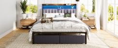 Full Bed Frames with Storage Headboard and Drawers, LED Platform Bed Frame Full Size, LED Upholstered Bed Frame with Charging Station, No Box Spring N