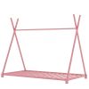 Metal Twin Size House Platform Bed with Triangle Structure, Pink