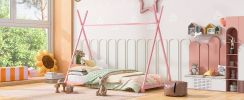 Metal Twin Size House Platform Bed with Triangle Structure, Pink