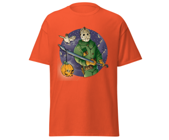 Halloween jason with spear fashion red t-shirt merchyprint, size M (Color: Orange, size: M)