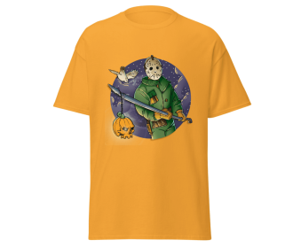 Halloween jason with spear fashion red t-shirt merchyprint, size M (Color: Yellow, size: M)