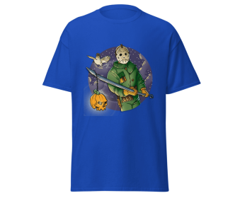 Halloween jason with spear fashion red t-shirt merchyprint, size M (Color: Blue, size: M)