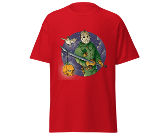 Halloween jason with spear fashion red t-shirt merchyprint, size M (Color: Red, size: M)