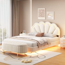 2-Pieces Bedroom Sets,Queen Size Upholstered LED Platform Bed with Storage Ottoman-Velvet (Color: Beige)