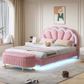 2-Pieces Bedroom Sets,Queen Size Upholstered LED Platform Bed with Storage Ottoman-Velvet (Color: Pink)