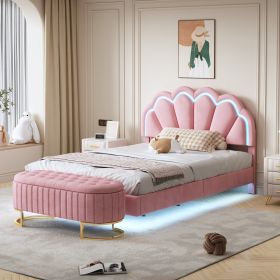 2-Pieces Bedroom Sets Full Size Upholstered LED Platform Bed with Storage Ottoman-Velvet (Color: Pink)