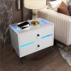 Smart Bedside Table, Nightstand with LED Light Nightstand Modern White High Gloss Bedside Table with 2 Storage Drawers for Bedroom Wooden Smart Side T