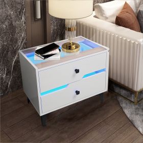Smart Bedside Table, Nightstand with LED Light Nightstand Modern White High Gloss Bedside Table with 2 Storage Drawers for Bedroom Wooden Smart Side T (Color: as Pic)