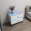 Smart Bedside Table, Nightstand with LED Light Nightstand Modern White High Gloss Bedside Table with 2 Storage Drawers for Bedroom Wooden Smart Side T