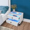 Smart Bedside Table, Nightstand with LED Light Nightstand Modern White High Gloss Bedside Table with 2 Storage Drawers for Bedroom Wooden Smart Side T