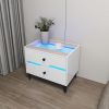 Smart Bedside Table, Nightstand with LED Light Nightstand Modern White High Gloss Bedside Table with 2 Storage Drawers for Bedroom Wooden Smart Side T