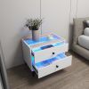 Smart Bedside Table, Nightstand with LED Light Nightstand Modern White High Gloss Bedside Table with 2 Storage Drawers for Bedroom Wooden Smart Side T