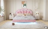 Queen Upholstered Smart LED Bed Frame with Elegant Flowers Headboard,Floating Velvet Platform LED Bed with Wooden Slats Support