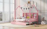 Wooden Full Size House Bed with Trundle,Kids Bed with Shelf