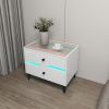 Smart Bedside Table, Nightstand with LED Light Nightstand Modern White High Gloss Bedside Table with 2 Storage Drawers for Bedroom Wooden Smart Side T