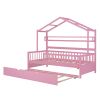 Wooden Twin Size House Bed with Trundle,Kids Bed with Shelf