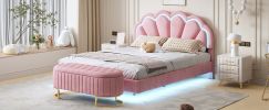 2-Pieces Bedroom Sets,Queen Size Upholstered LED Platform Bed with Storage Ottoman-Velvet