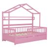Wooden Twin Size House Bed with Trundle,Kids Bed with Shelf