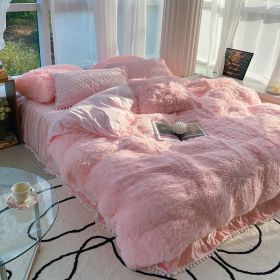Milk Fiber Winter Mink Fur Bed Four-piece Long Wool Quilt Cover Coral Velvet Double-sided Plush Fleece-lined Quilted Bed Skirt Princess Style (Option: Pink-200CM Bed A)
