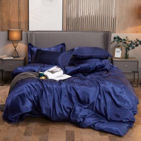 Ice Four-piece Set Cool Bare Sleeping Real Silk Quilt Cover Sheets (Option: Dark Blue-8 Style)