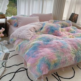 Milk Fiber Winter Mink Fur Bed Four-piece Long Wool Quilt Cover Coral Velvet Double-sided Plush Fleece-lined Quilted Bed Skirt Princess Style (Option: Blue Pink-200CM Bed A)
