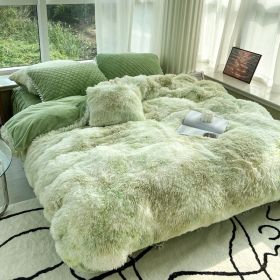 Milk Fiber Winter Mink Fur Bed Four-piece Long Wool Quilt Cover Coral Velvet Double-sided Plush Fleece-lined Quilted Bed Skirt Princess Style (Option: Colorful Green-200CM Bed A)