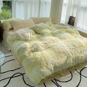 Milk Fiber Winter Mink Fur Bed Four-piece Long Wool Quilt Cover Coral Velvet Double-sided Plush Fleece-lined Quilted Bed Skirt Princess Style (Option: Yellow And white-200CM Bed A)