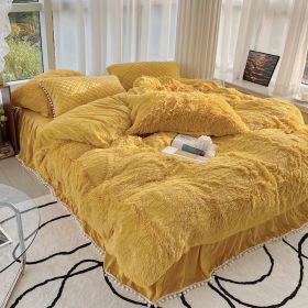 Milk Fiber Winter Mink Fur Bed Four-piece Long Wool Quilt Cover Coral Velvet Double-sided Plush Fleece-lined Quilted Bed Skirt Princess Style (Option: Yellow-200CM Bed A)