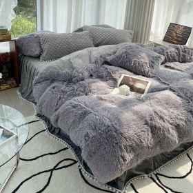 Milk Fiber Winter Mink Fur Bed Four-piece Long Wool Quilt Cover Coral Velvet Double-sided Plush Fleece-lined Quilted Bed Skirt Princess Style (Option: Gray-200CM Bed B)