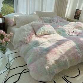 Milk Fiber Winter Mink Fur Bed Four-piece Long Wool Quilt Cover Coral Velvet Double-sided Plush Fleece-lined Quilted Bed Skirt Princess Style (Option: white Powder-200CM Bed A)